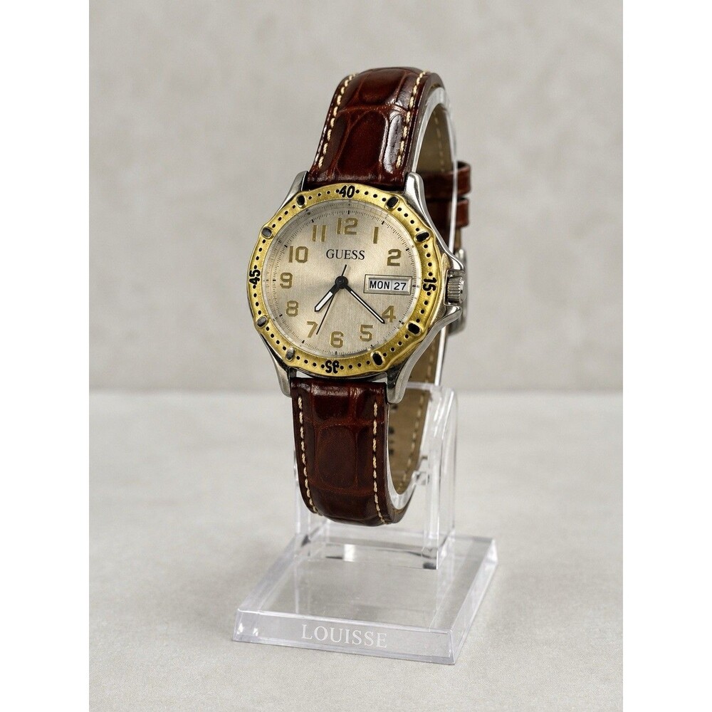 Vintage Guess Womens Watch Brown Leather Date Rotating Bezel 1995 New Battery